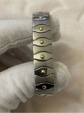 Vintage Milor Italy Men's Stainless Steel & Solid 18K Gold Wave Link Bracelet